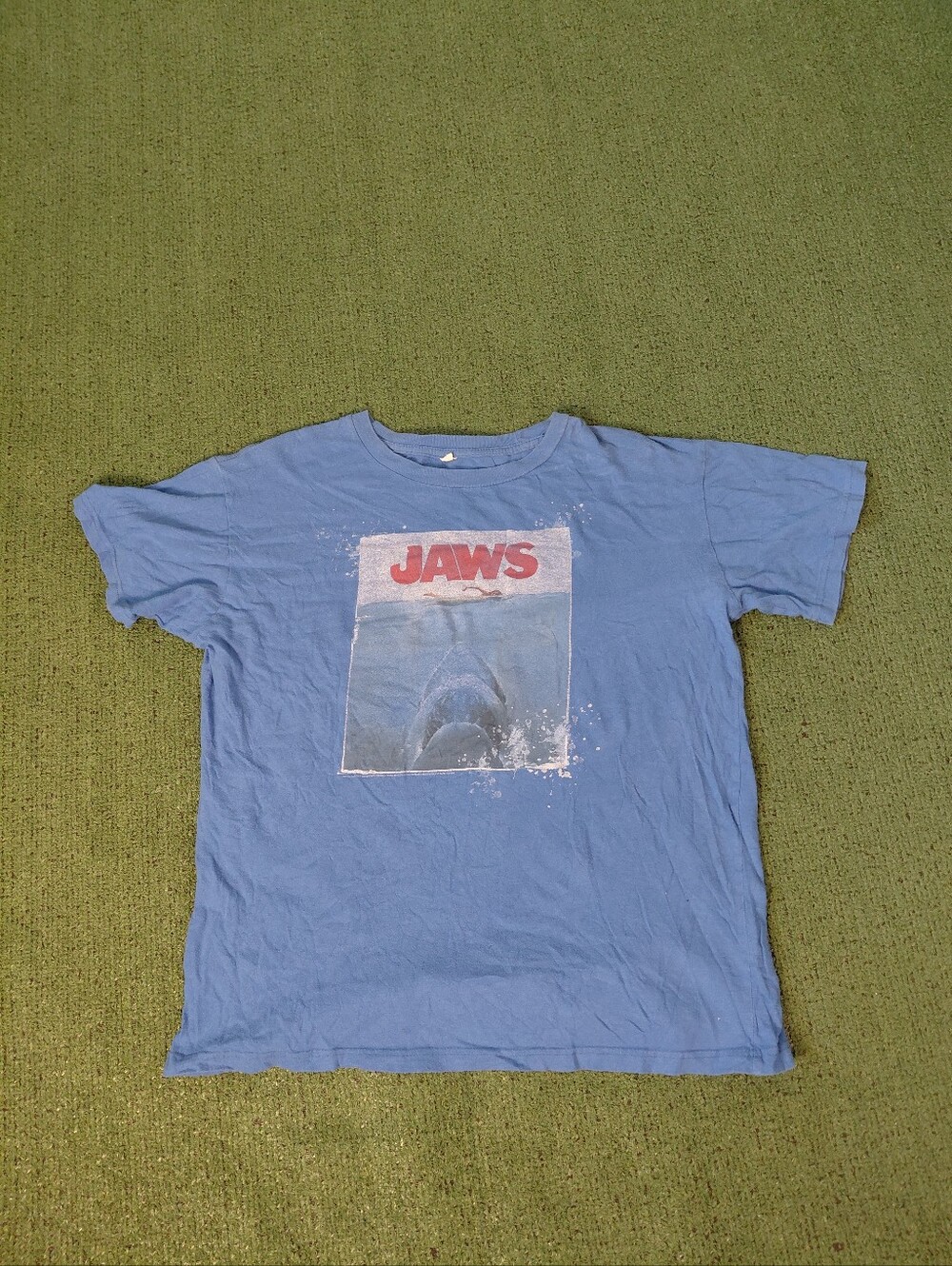 Jaws "Amity Island 1975" Shark Movie Scary Blue T Shirt Sz Large